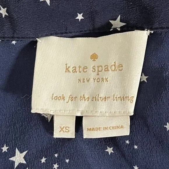 Kate Spade Womens Silk Navy Blue Star 3/4 Sleeve Ruffle Mini Dress Sz XS - Picture 10 of 11